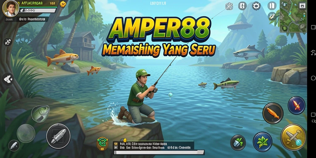 Tampilan gameplay seru dengan aksi memancing yang mendebarkan.