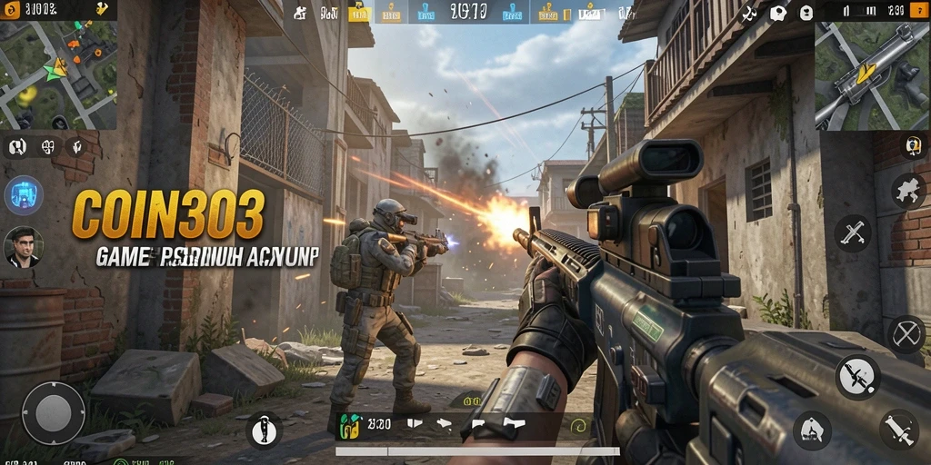 Tangkapan layar utama dari <strong>COIN303</strong> menunjukkan intensitas pertempuran FPS.