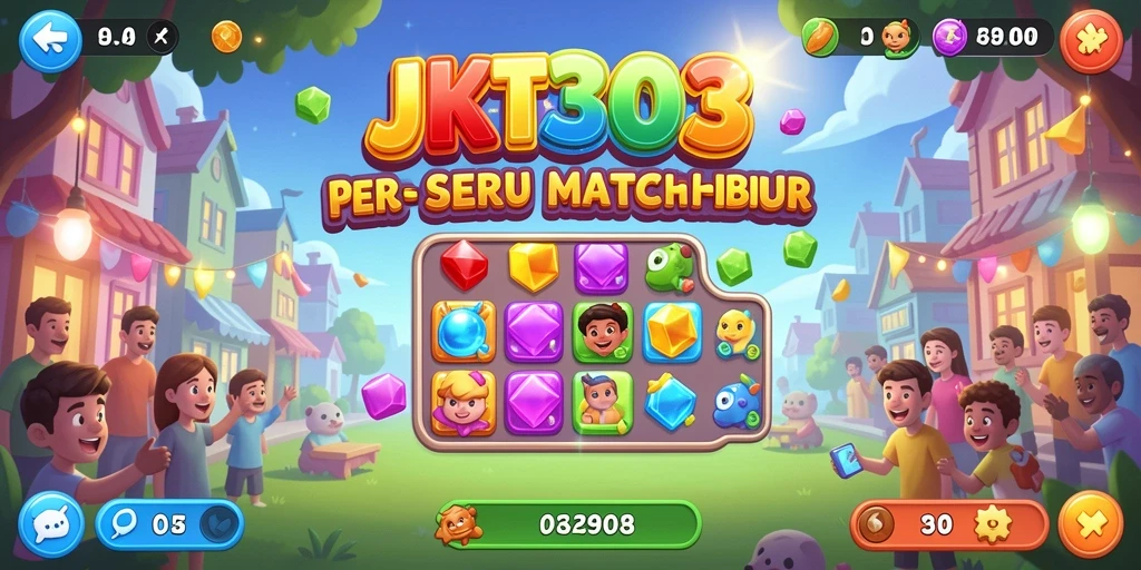 Tangkapan layar gameplay JKT303 yang menampilkan level Match-3 penuh warna.